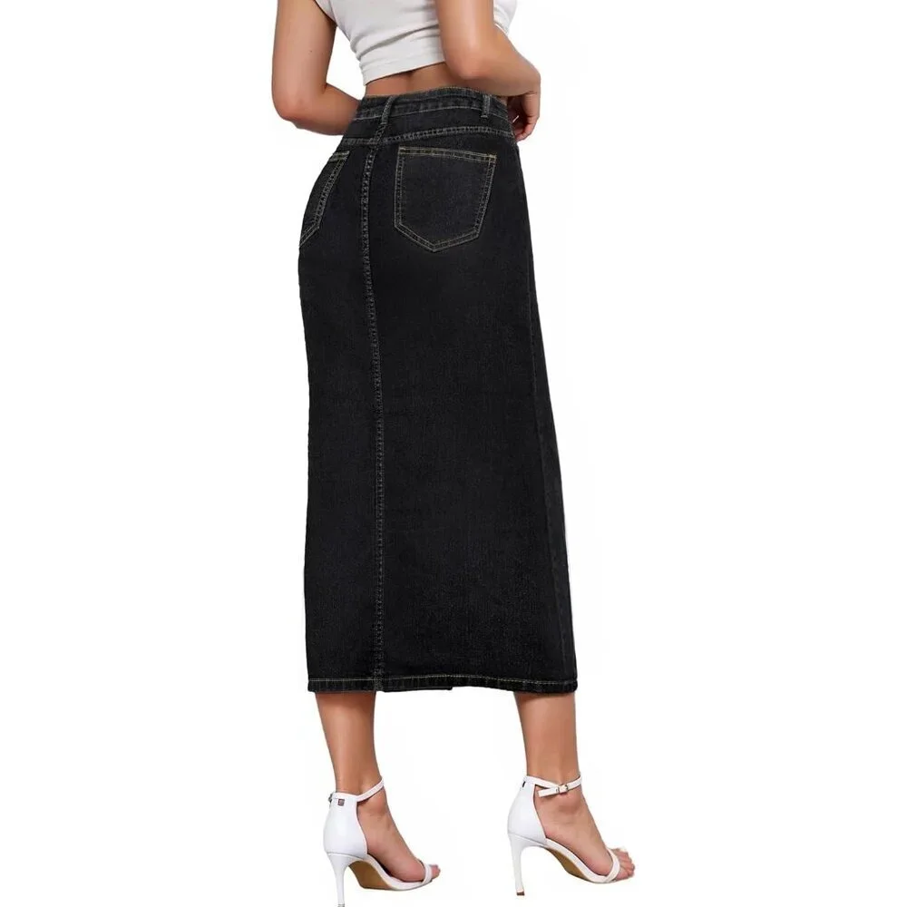 Women's Black Denim Skirt Stretch Jean Long Casual Office Wear